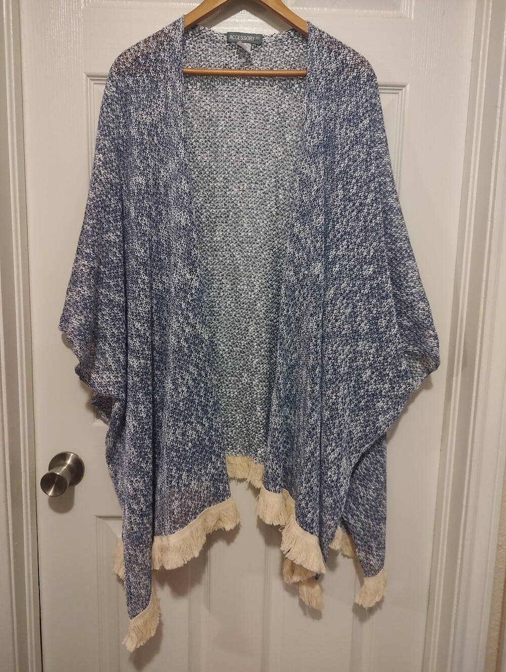 Blue Knit Fringe Open Cardigan Sweater